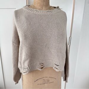 POL khaki tan Distressed Edge Crop Knit Sweater Long Balloon Sleeves Women's S